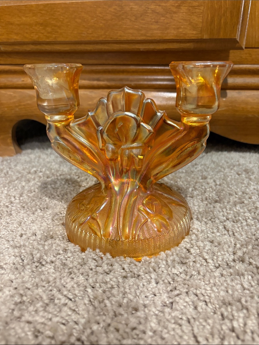 Jeanette Iris & Herringbone carnival glass candle holder